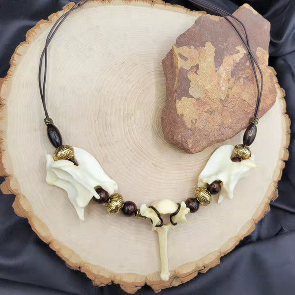 Tribal Coyote Bone, Leather & Wood Necklace