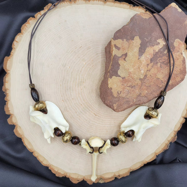 Tribal Coyote Bone, Leather & Wood Necklace