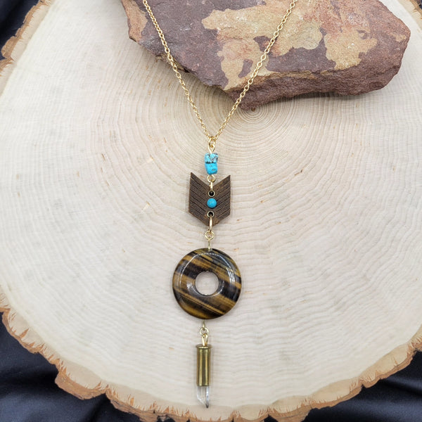 Southwestern Tigers Eye, Turquoise & Crystal Bullet Statement Necklace