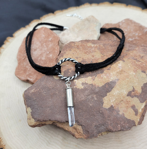 Leather and Bullet O-ring Choker - Silver w/ crystal bullet charm