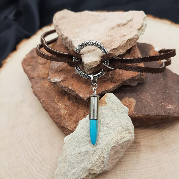 Leather and Bullet O-ring Choker - Silver w/ turquoise spike bullet charm