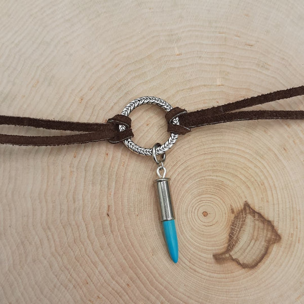 Leather and Bullet O-ring Choker - Silver w/ turquoise spike bullet charm