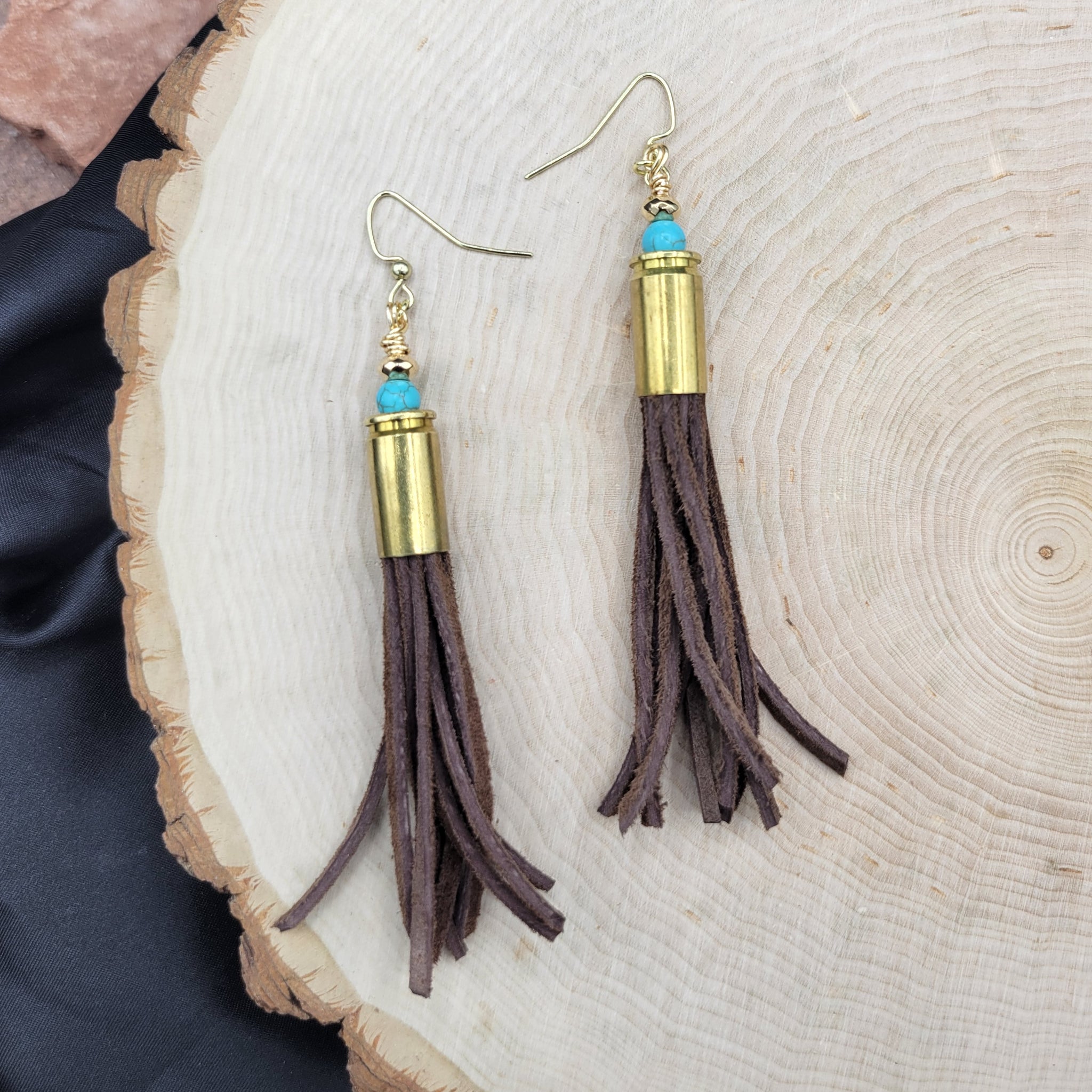 Leather 9mm Tassel Earrings w/ Turquoise detailing