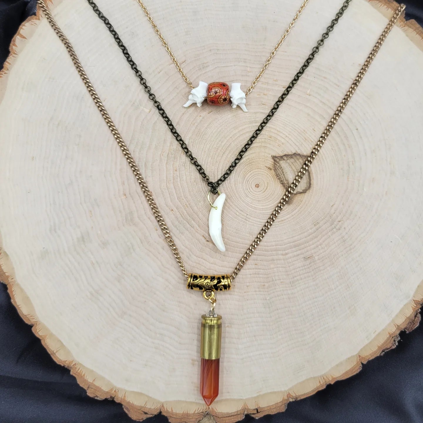 Triple Layer Crystal Bullet and Bone Necklace